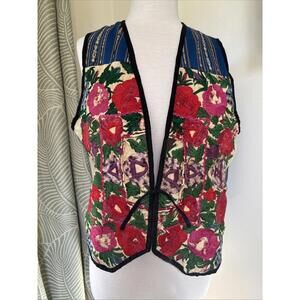 Handmade Vintage Guatemalan Cotton Vest Colorful Floral Embroidery Size L Large